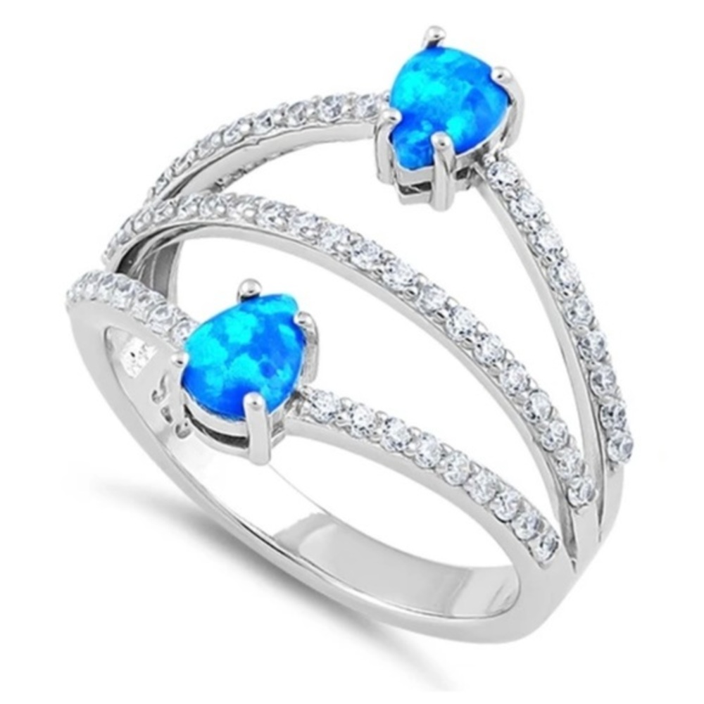 925 Sterling Silver Three Layer Pear Blue Lab Opal Ring